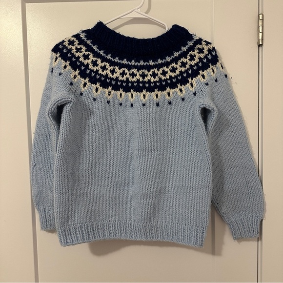 Vintage Sweaters - Vintage Hand Knit Blue Fair Isle Sweater Approx Size XS/ S - see measurements